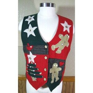 Keren Hart Christmas Vest Women's Med Wool Red Green Gingerbread Men Tree Stars